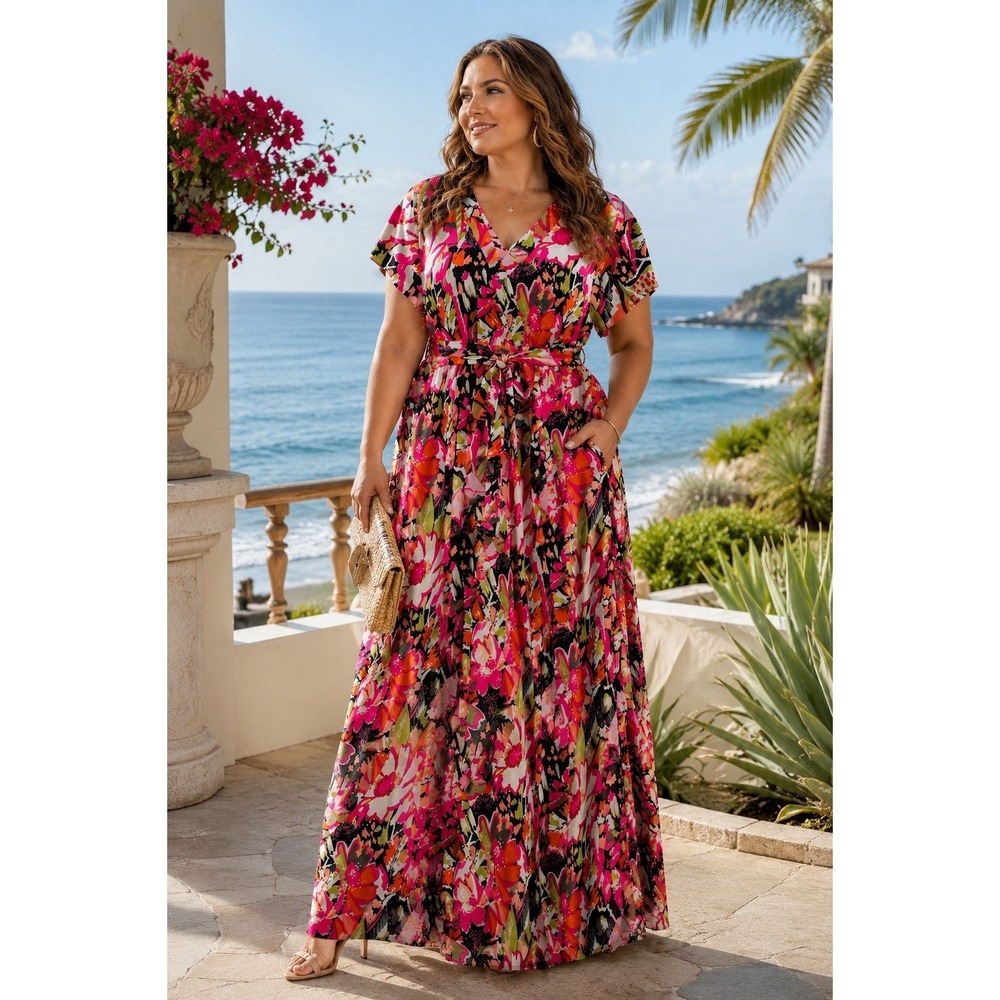 Cocomo 1X Floral Faux Wrap Maxi Dress Coastal Resort Boho Stretch Pink EE04